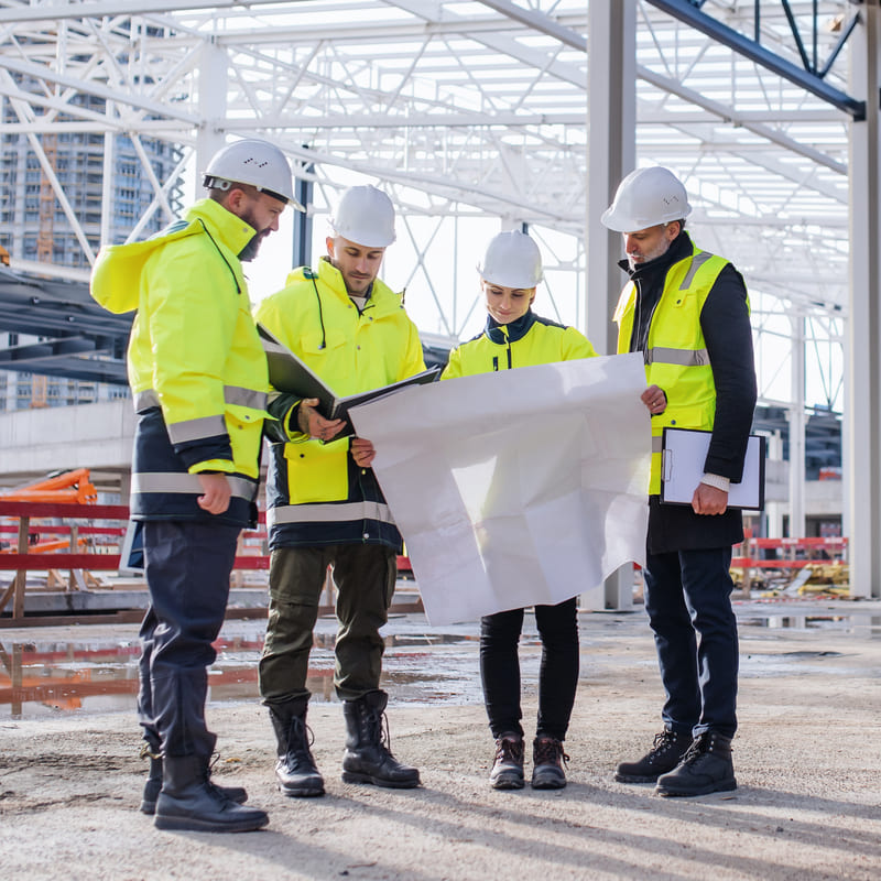 Group of workers with blueprints standing on construction site